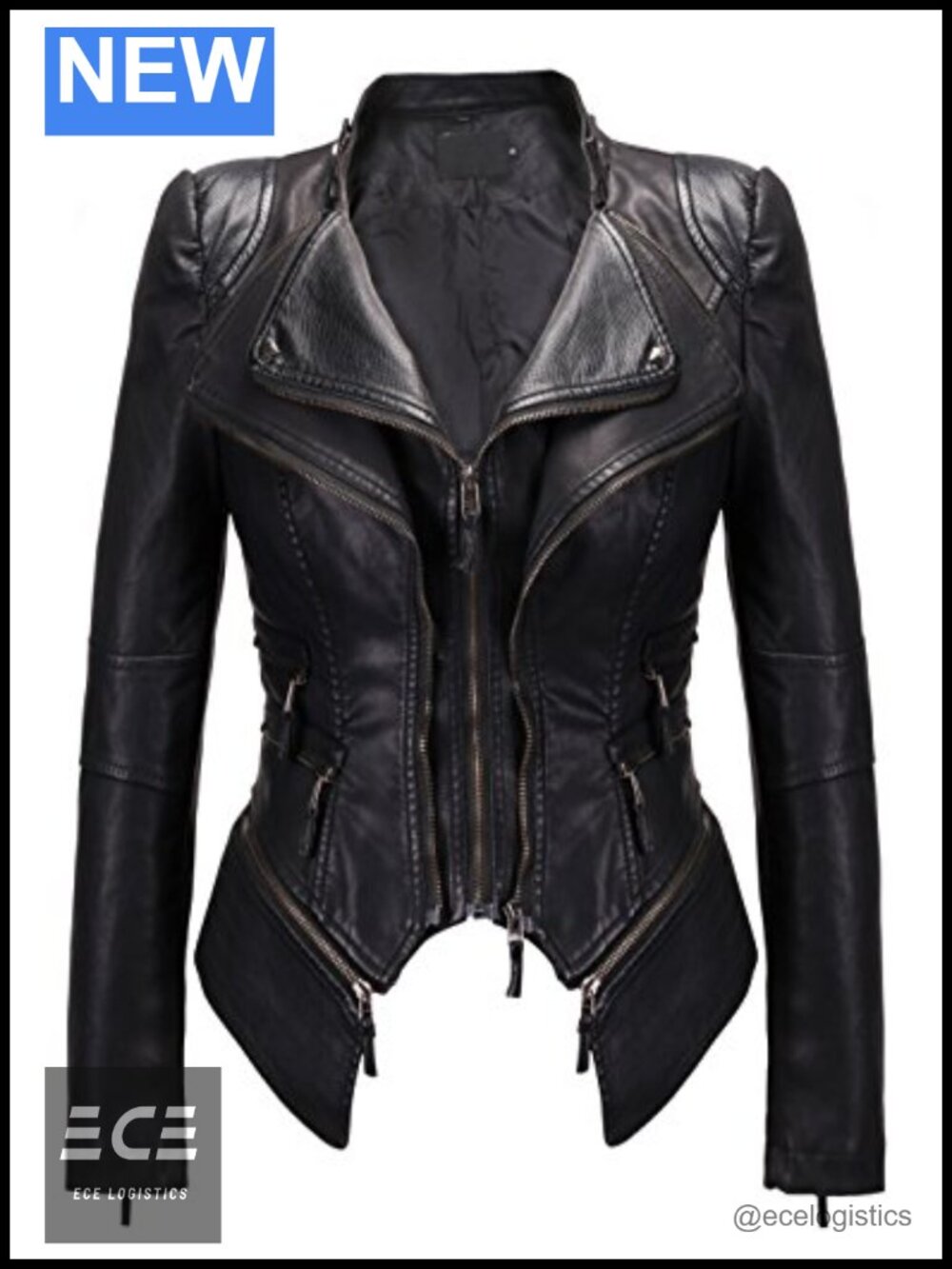 Studded Faux Leather Biker Jacket Moto Adjustable Hem